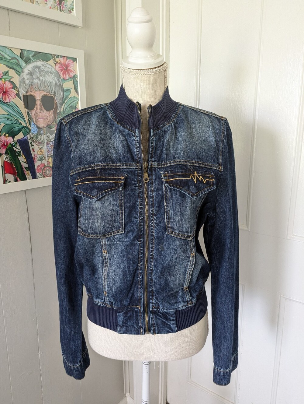 Vintage Y2K Jrs Sz XL Star Jeans Denim Bomber Jacket Full Zip Pockets